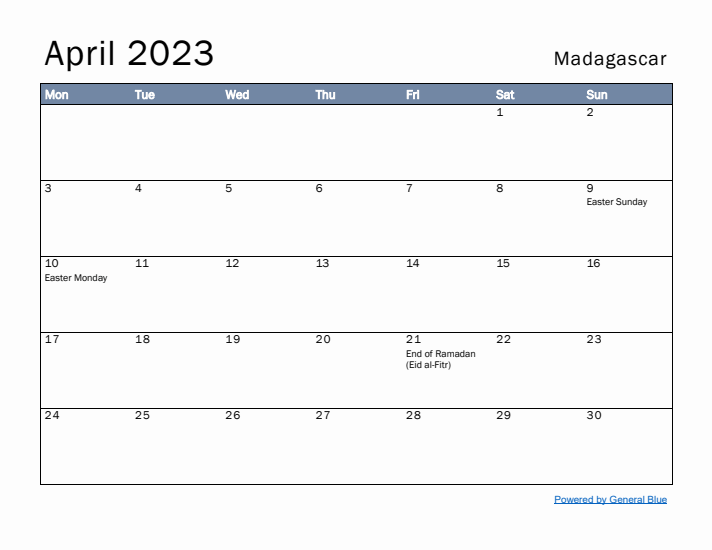 April 2023 Simple Monthly Calendar for Madagascar