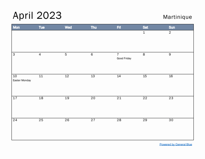 April 2023 Simple Monthly Calendar for Martinique