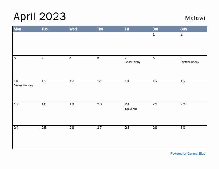 April 2023 Simple Monthly Calendar for Malawi