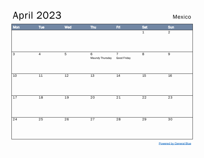 April 2023 Simple Monthly Calendar for Mexico