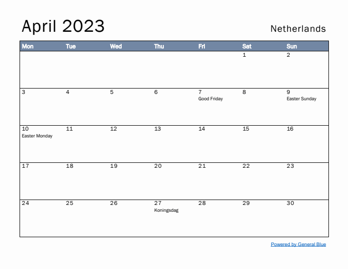 April 2023 Simple Monthly Calendar for The Netherlands