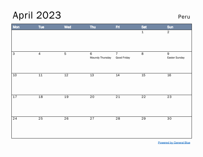 April 2023 Simple Monthly Calendar for Peru