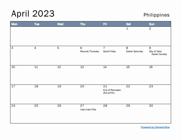 April 2023 Simple Monthly Calendar for Philippines