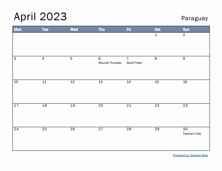 April 2023 Simple Monthly Calendar for Paraguay