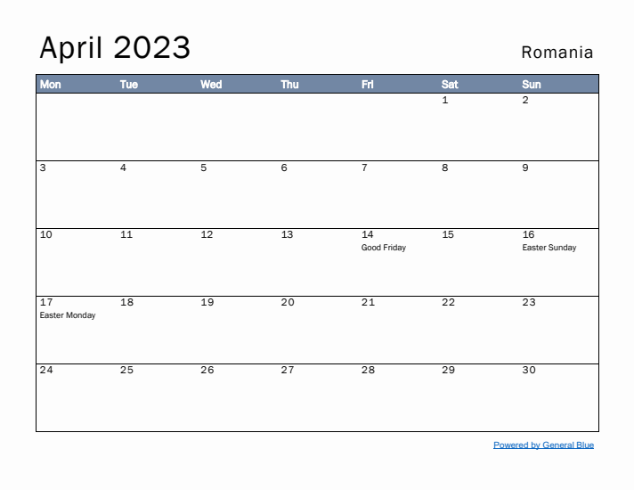 April 2023 Simple Monthly Calendar for Romania