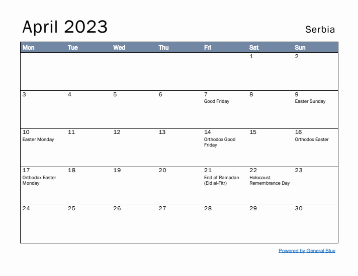 April 2023 Simple Monthly Calendar for Serbia