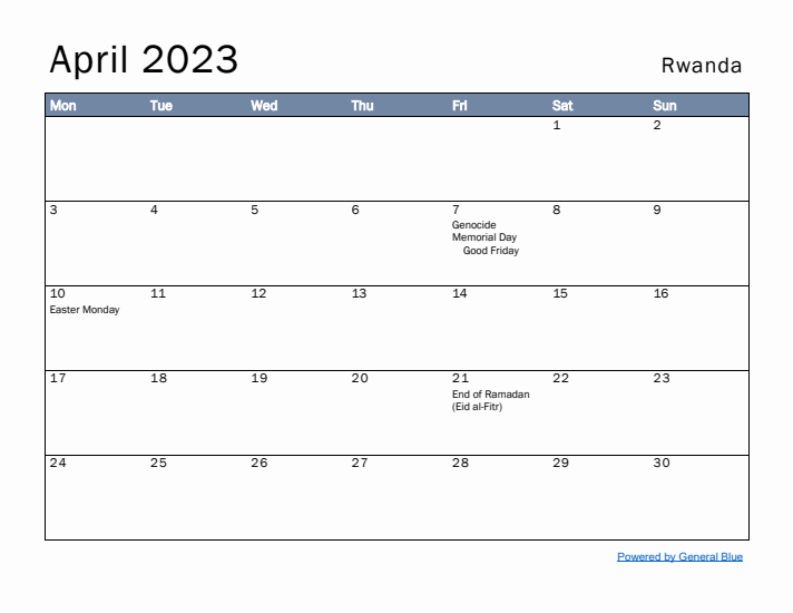 April 2023 Simple Monthly Calendar for Rwanda