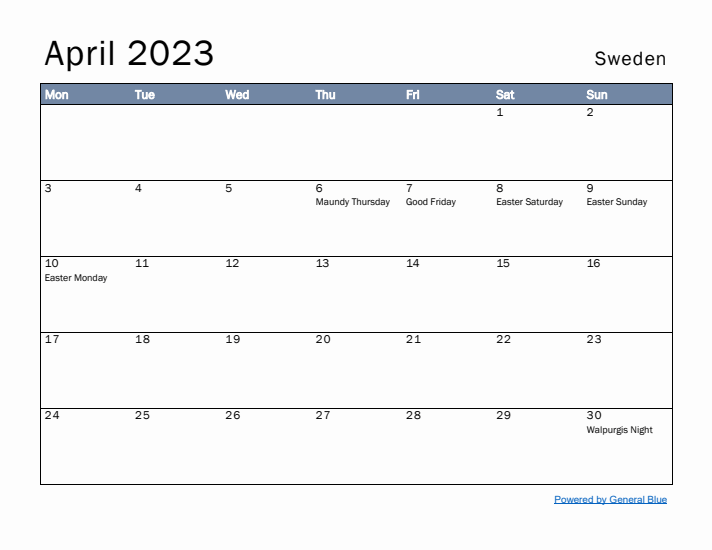 April 2023 Simple Monthly Calendar for Sweden