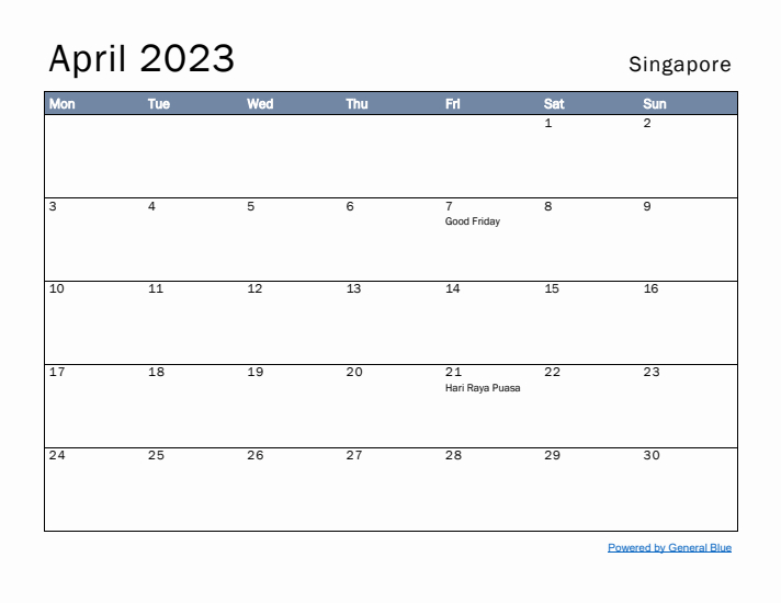 April 2023 Simple Monthly Calendar for Singapore