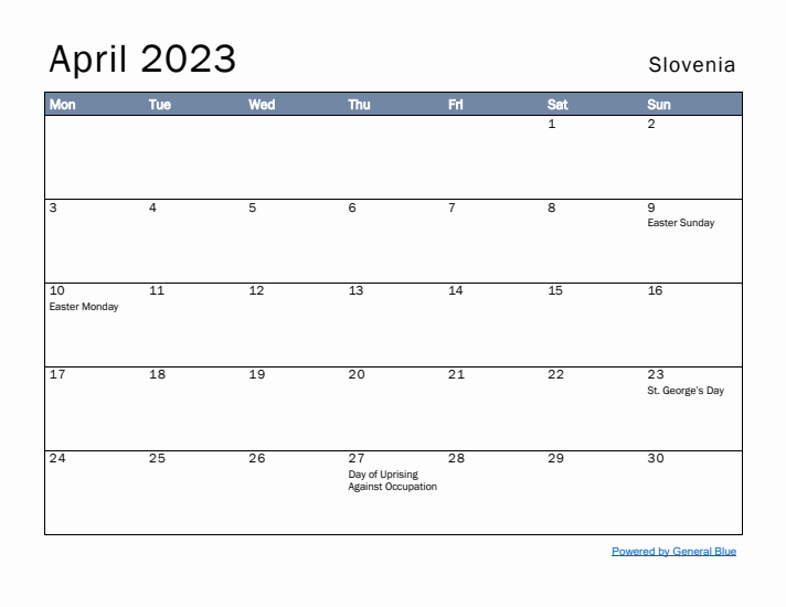 April 2023 Simple Monthly Calendar for Slovenia