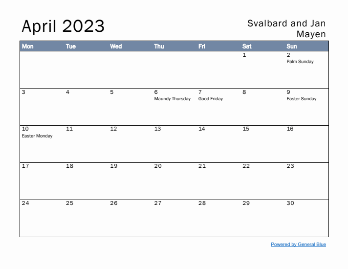 April 2023 Simple Monthly Calendar for Svalbard and Jan Mayen