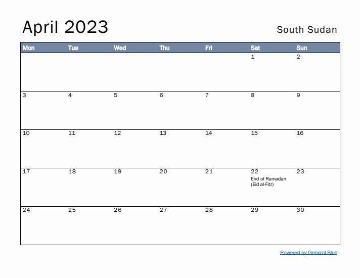 April 2023 Simple Monthly Calendar for South Sudan