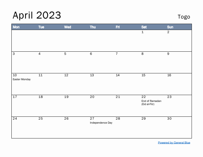 April 2023 Simple Monthly Calendar for Togo