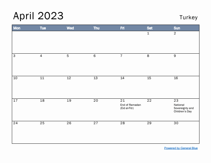 April 2023 Simple Monthly Calendar for Turkey