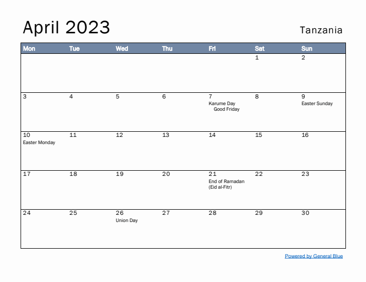 April 2023 Simple Monthly Calendar for Tanzania