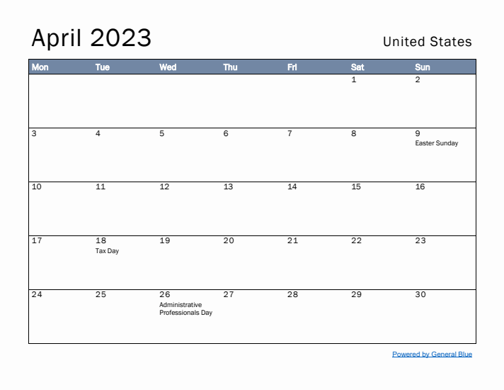 April 2023 Simple Monthly Calendar for United States