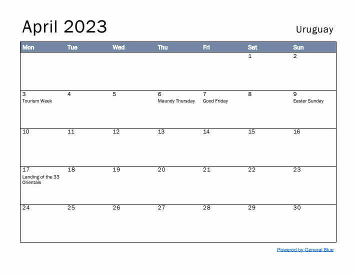 April 2023 Simple Monthly Calendar for Uruguay