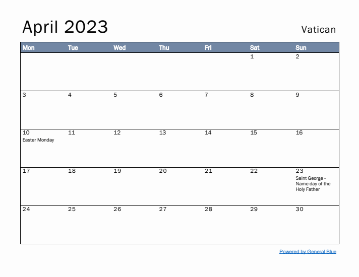 April 2023 Simple Monthly Calendar for Vatican