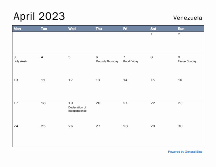 April 2023 Simple Monthly Calendar for Venezuela