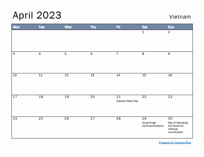 April 2023 Simple Monthly Calendar for Vietnam