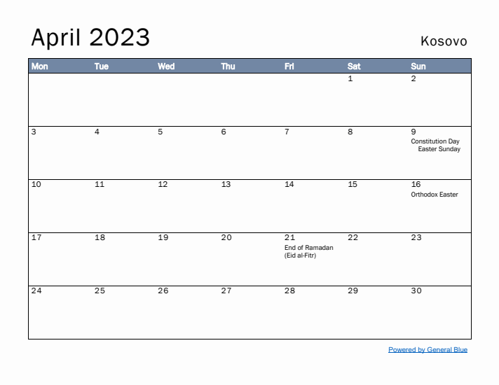 April 2023 Simple Monthly Calendar for Kosovo