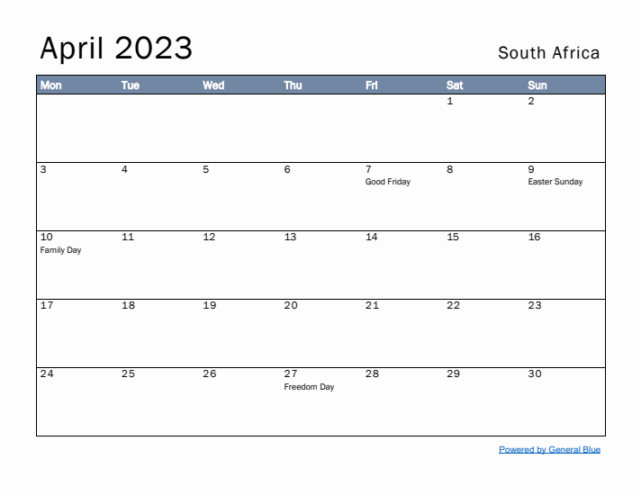 April 2023 Simple Monthly Calendar for South Africa