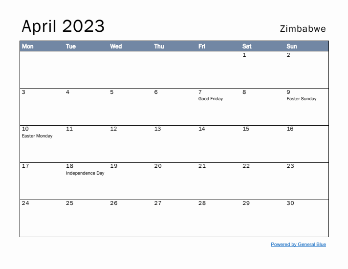 April 2023 Simple Monthly Calendar for Zimbabwe