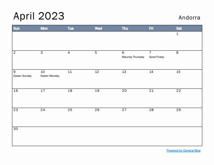 April 2023 Simple Monthly Calendar for Andorra