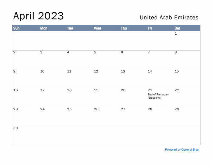 April 2023 Simple Monthly Calendar for United Arab Emirates