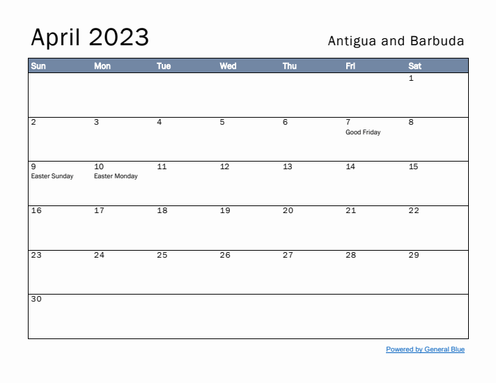 April 2023 Simple Monthly Calendar for Antigua and Barbuda