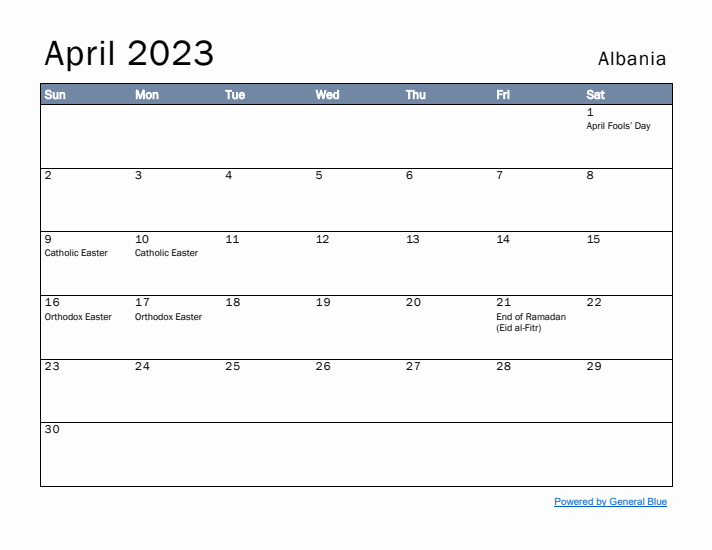 April 2023 Simple Monthly Calendar for Albania