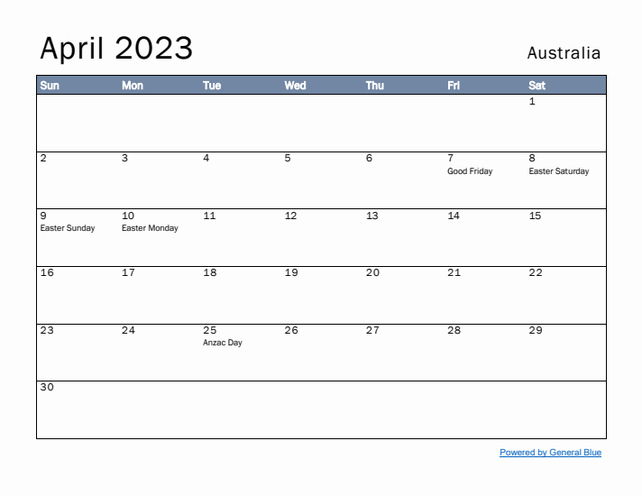 April 2023 Simple Monthly Calendar for Australia