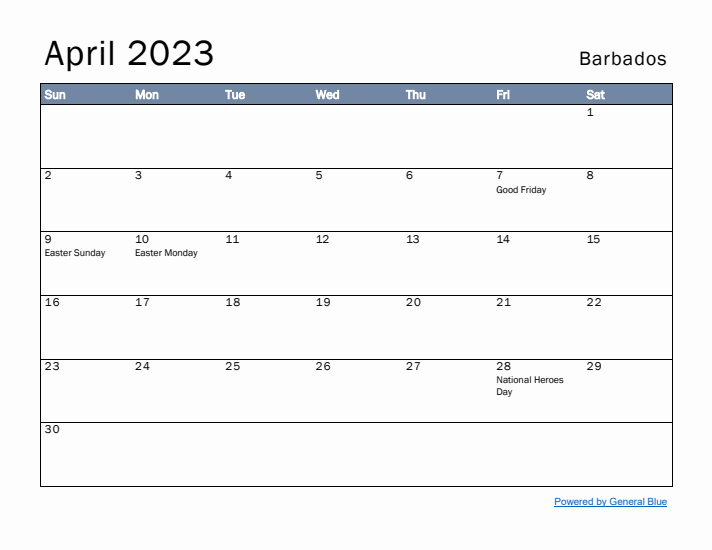 April 2023 Simple Monthly Calendar for Barbados