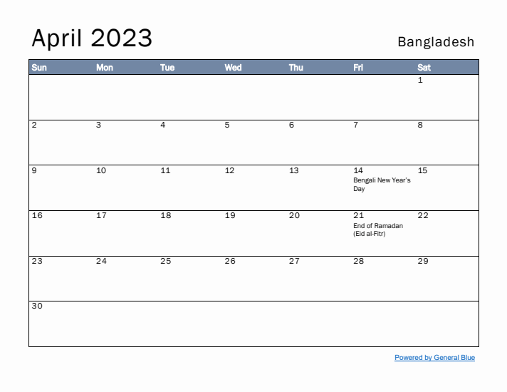 April 2023 Simple Monthly Calendar for Bangladesh