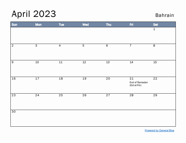 April 2023 Simple Monthly Calendar for Bahrain