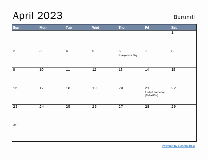 April 2023 Simple Monthly Calendar for Burundi