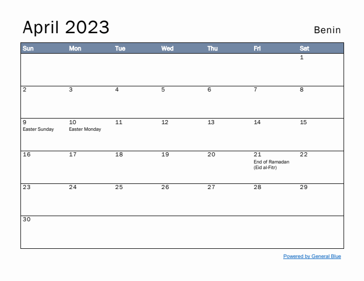 April 2023 Simple Monthly Calendar for Benin