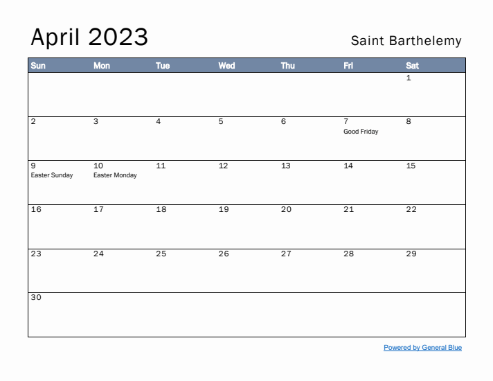 April 2023 Simple Monthly Calendar for Saint Barthelemy