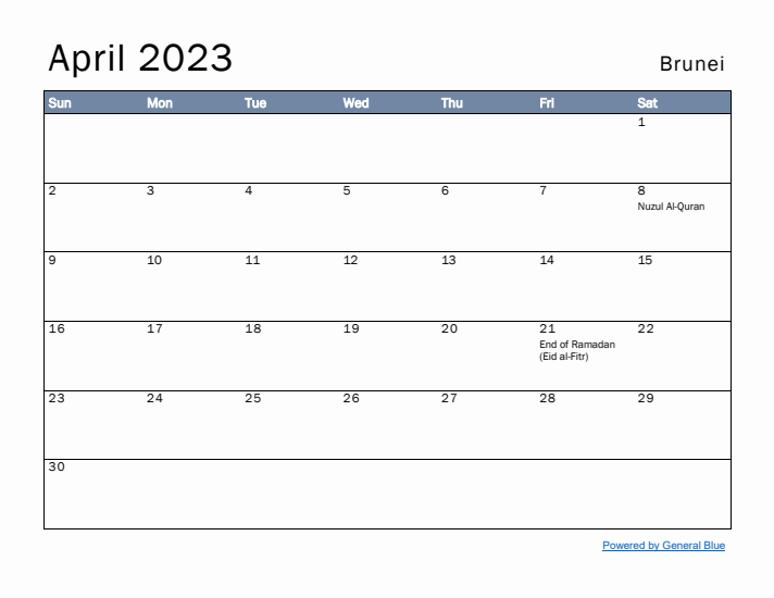 April 2023 Simple Monthly Calendar for Brunei