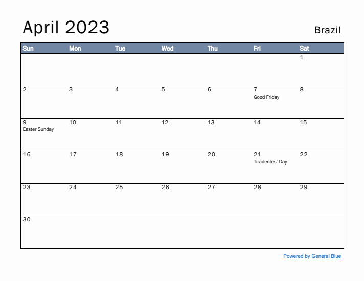 April 2023 Simple Monthly Calendar for Brazil