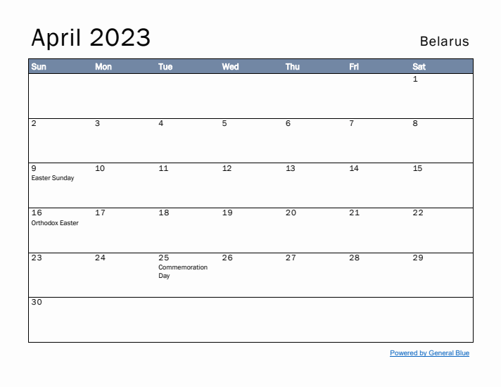 April 2023 Simple Monthly Calendar for Belarus