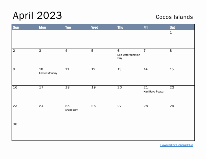 April 2023 Simple Monthly Calendar for Cocos Islands