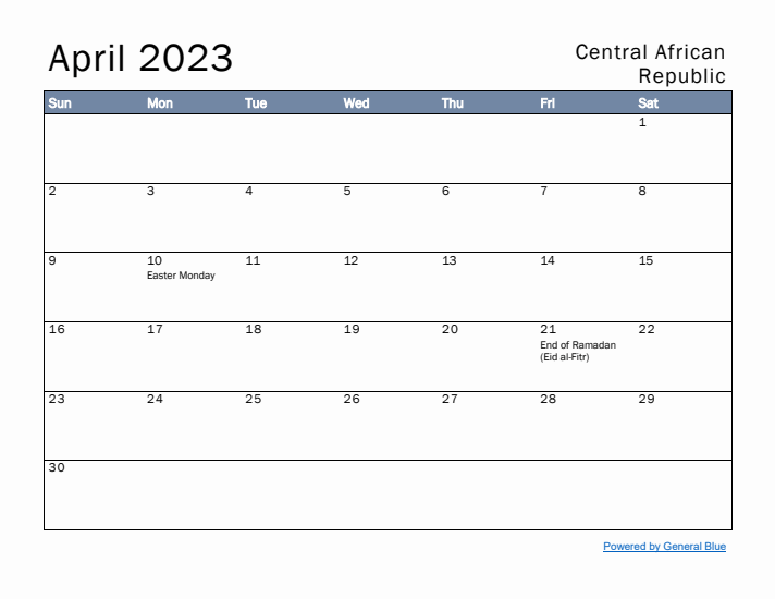 April 2023 Simple Monthly Calendar for Central African Republic