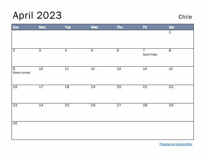 April 2023 Simple Monthly Calendar for Chile