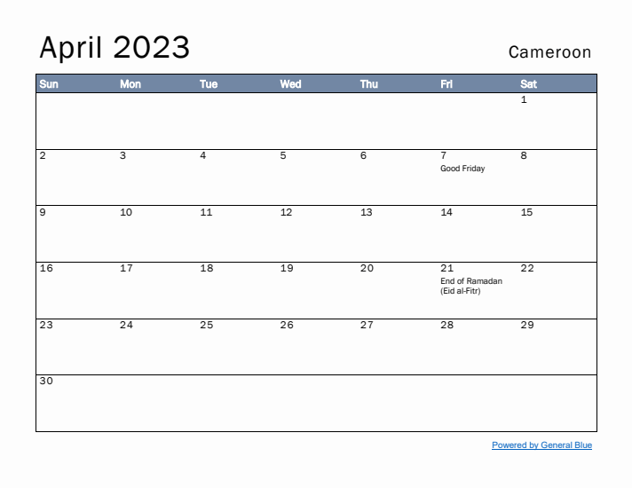 April 2023 Simple Monthly Calendar for Cameroon