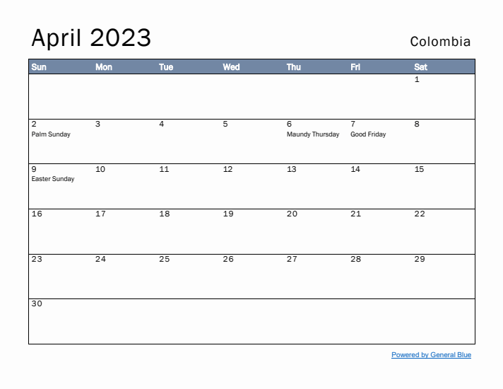 April 2023 Simple Monthly Calendar for Colombia