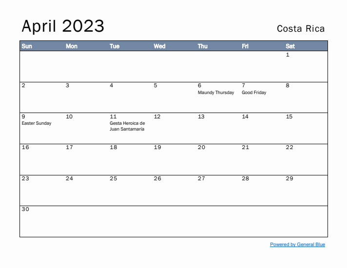 April 2023 Simple Monthly Calendar for Costa Rica