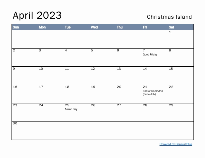 April 2023 Simple Monthly Calendar for Christmas Island