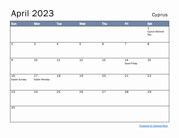 April 2023 Simple Monthly Calendar for Cyprus