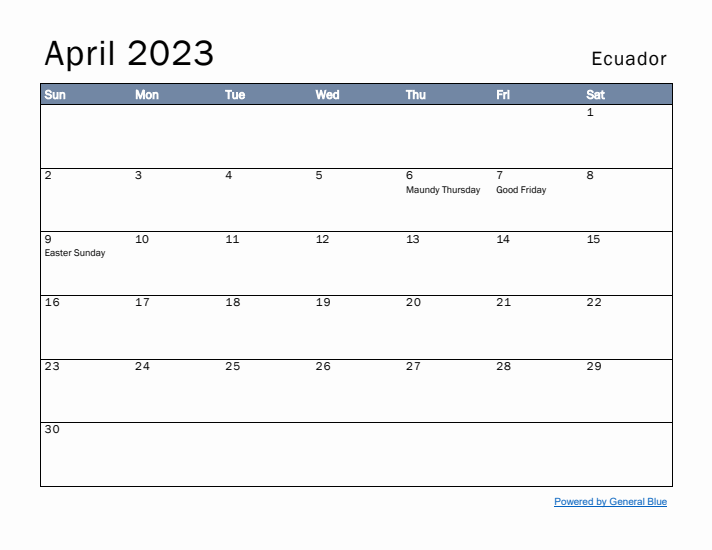 April 2023 Simple Monthly Calendar for Ecuador